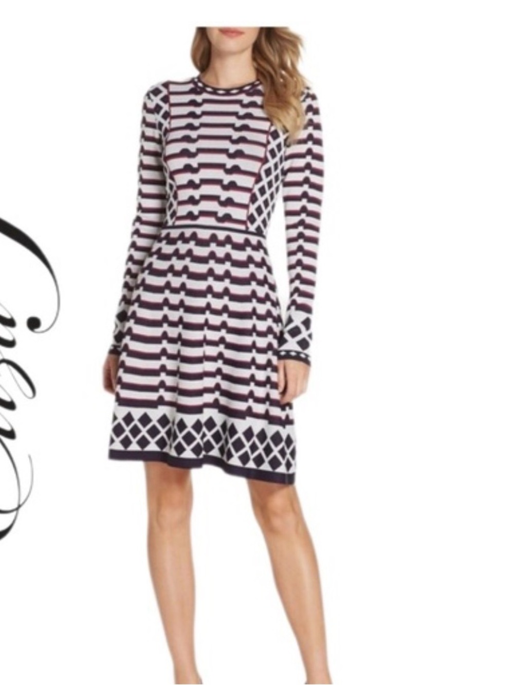 Eliza J Striped Geometric Knit Long-Sleeve Dress in Black, White & Burgundy M